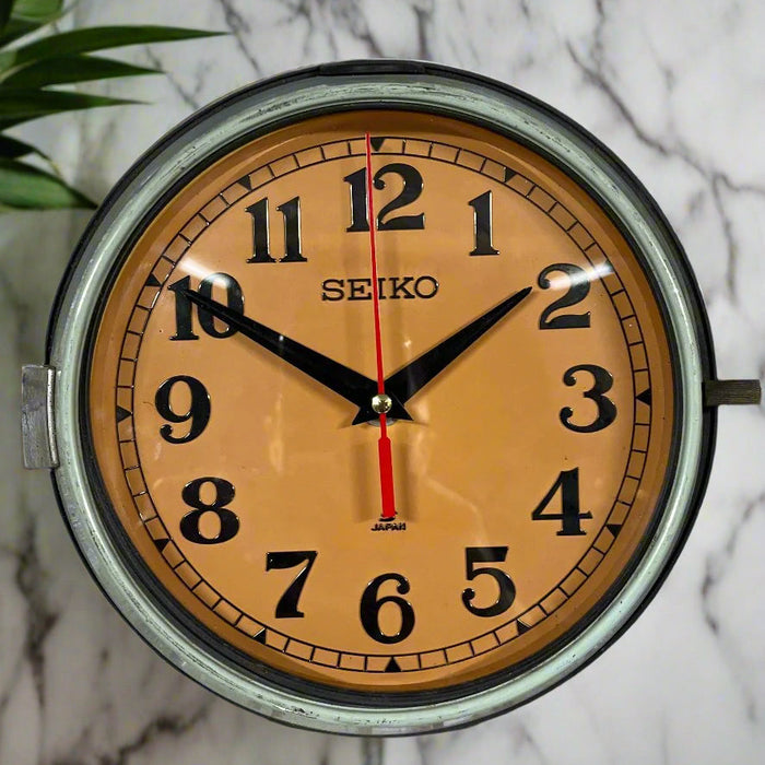Seiko salvaged ships cabin clock in original green paint with coffee face