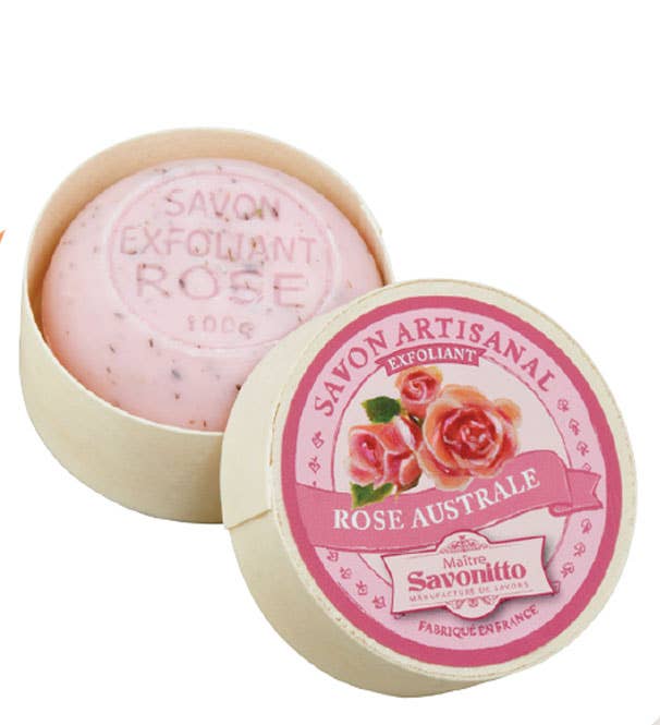 Savonitto Rose Exfoliating Soap in Wooden Box 100g made in Provence
