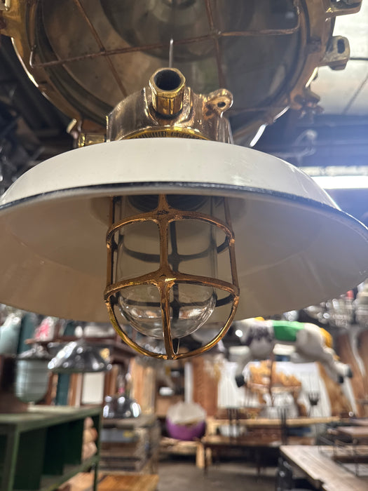 Salvaged Pauluhn brass hanging light with original enamel shade