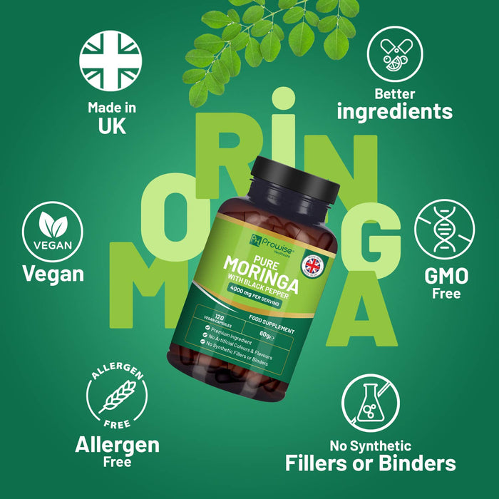 Pure Moringa 4000mg - 120 Vegan Capsules with Black Pepper