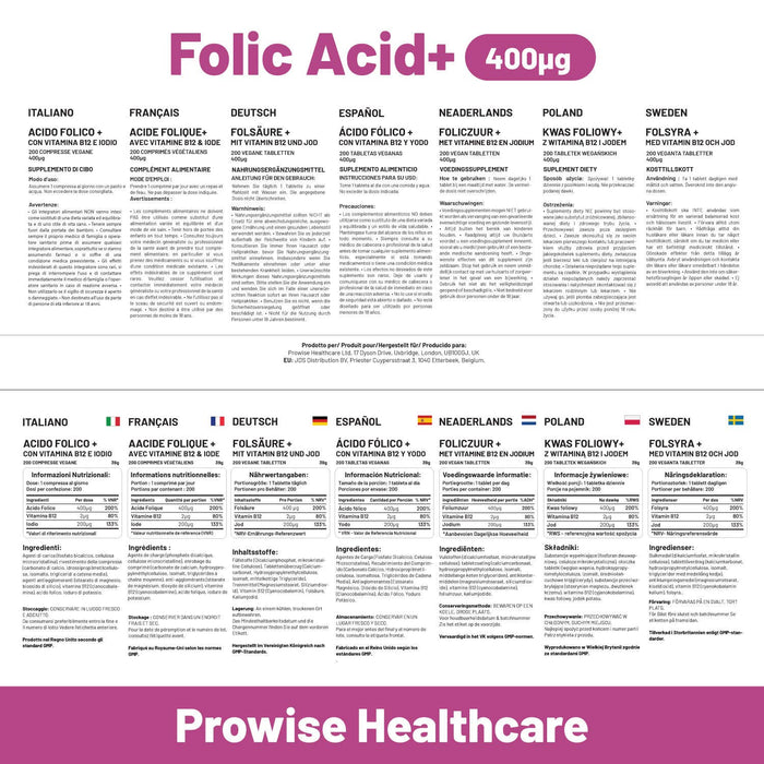 Prowise Folic Acid Tablets 400 mcg - 400 Vegan Vitamin B9 Tablets