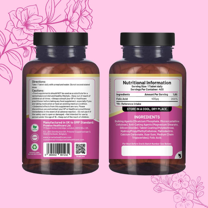 Prowise Folic Acid Tablets 400 mcg - 400 Vegan Vitamin B9 Tablets