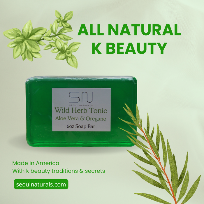 Seoul Naturals WIld Herb Tonic Aloe Vera with Oregano and Tea Tree Oil Soap, 6oz. Antibacterial and Antifungal.