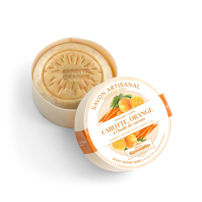 Savonitto Carrot & Orange Soap + Exfoliant in Wooden Box 100g made in Provence
