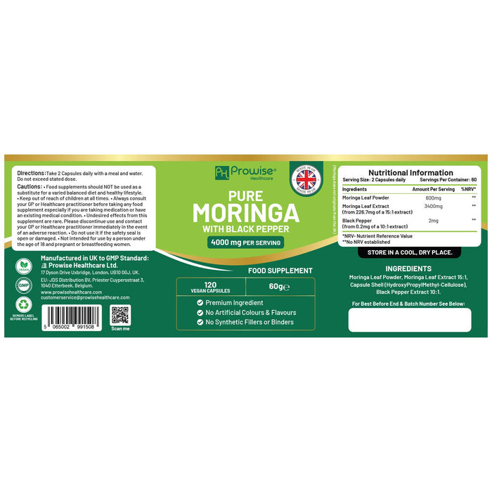 Pure Moringa 4000mg - 120 Vegan Capsules with Black Pepper