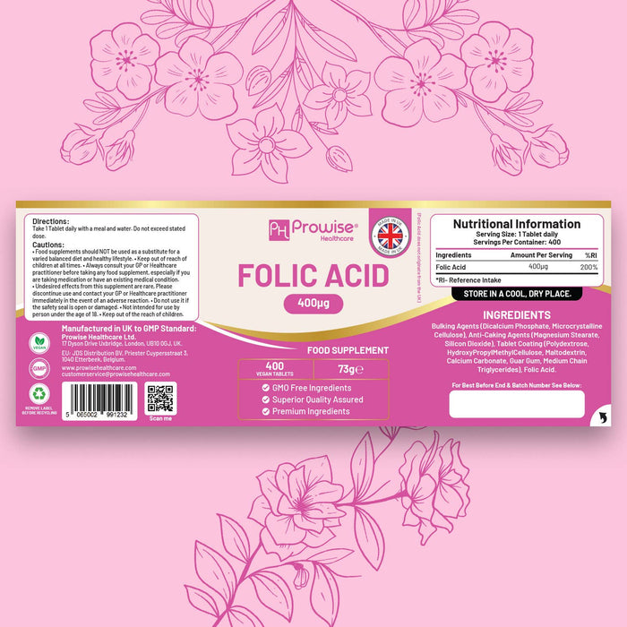 Prowise Folic Acid Tablets 400 mcg - 400 Vegan Vitamin B9 Tablets