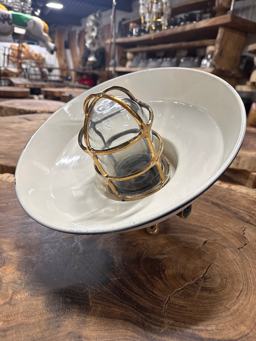 Salvaged Pauluhn brass hanging light, enamel patina detail