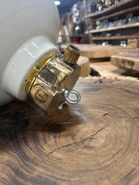 Salvaged Pauluhn brass hanging light, full view