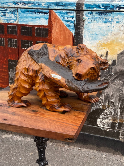 Ainu Hand Carved Wooden Bear With Salmon From Hokkaido Japan