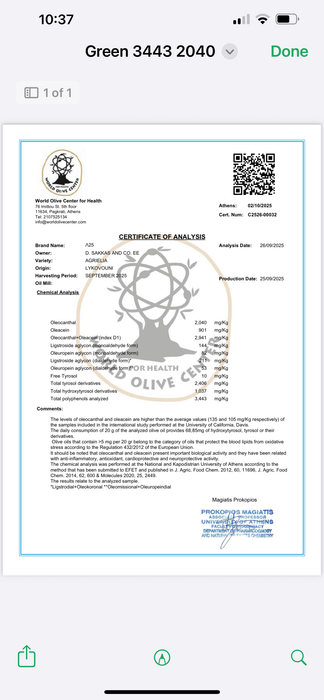 Sparta Green Label Medicinal EVOO 
3443 mg/kg 2025:6 New Harvest Medicinal Organic WIld Extra VIrgin Olive Oil