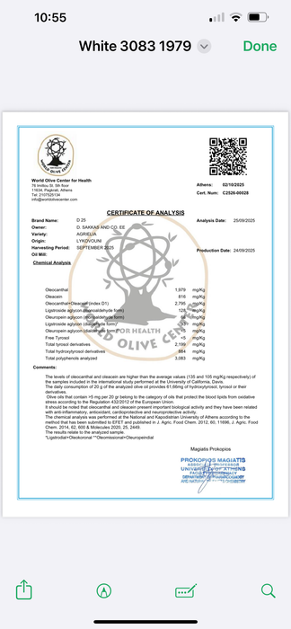 Sparta White Label Medicinal EVOO 
3083 mg/kg 2025/6 New Harvest Medicinal Organic WIld Extra VIrgin Olive Oil