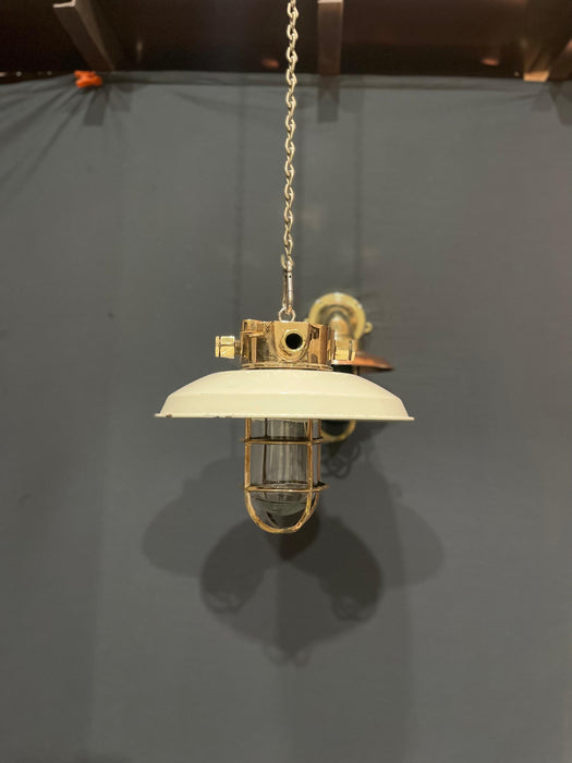 Pauluhn Brass Hanging Light with original enamel shade Model 12