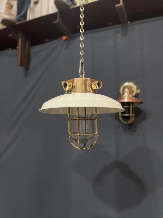 Pauluhn Brass Hanging Light with original enamel shade Model 12