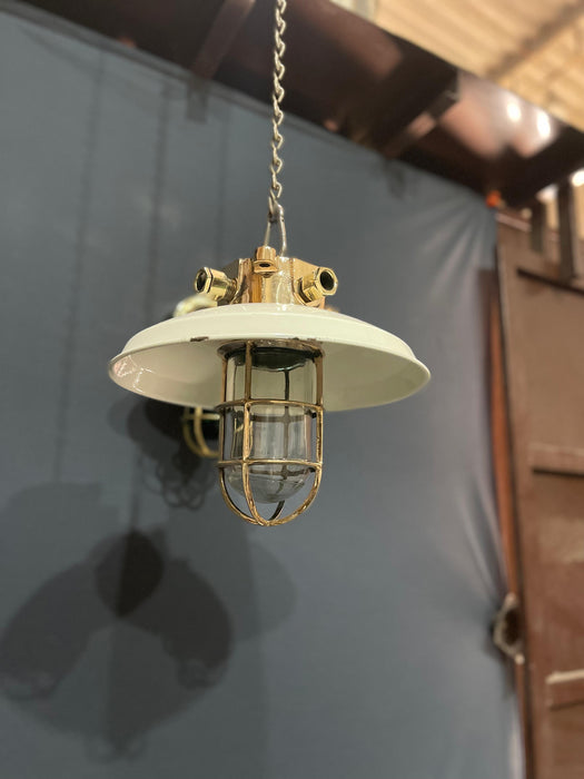 Pauluhn Brass Hanging Light with original enamel shade Model 12