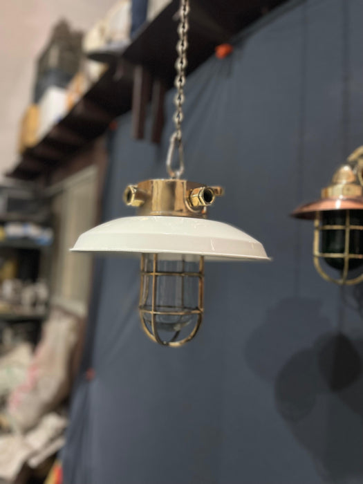 Pauluhn Brass Hanging Light with original enamel shade Model 12