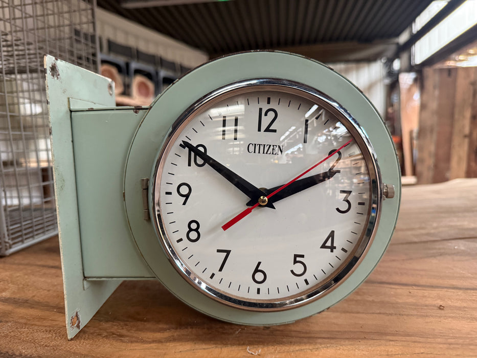 Salvaged Original Vintage Citizen Style Double Sided Clock Light Green