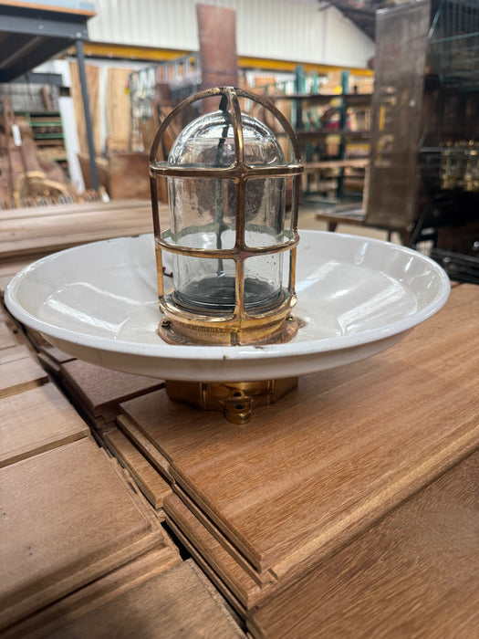 Salvaged Pauluhn brass passage light with enamel shade