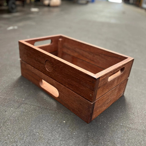 Solid hardwood storage crate with oval handle cut-outs, made from Bengkirai and Merbau