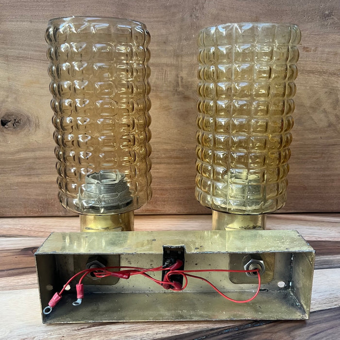 Salvaged Kokosha Double Brass Wall Light with Textured Amber Glass