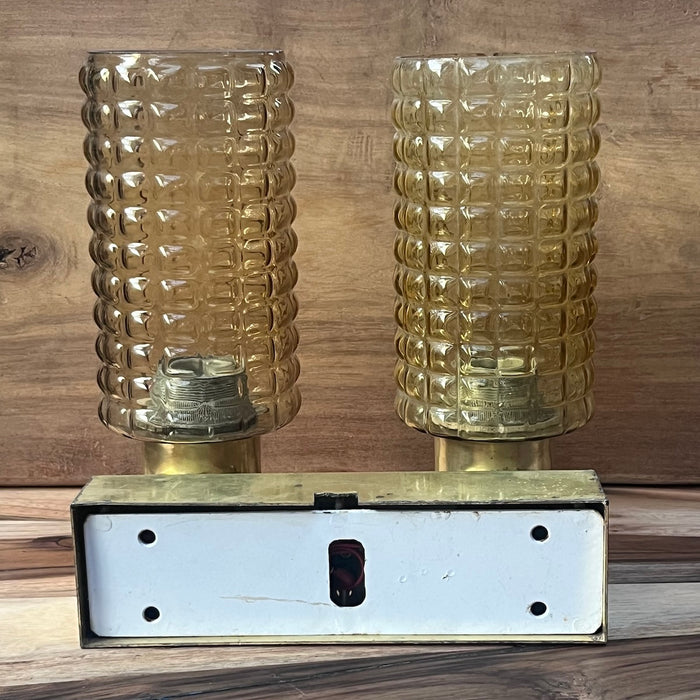 Salvaged Kokosha Double Brass Wall Light with Textured Amber Glass