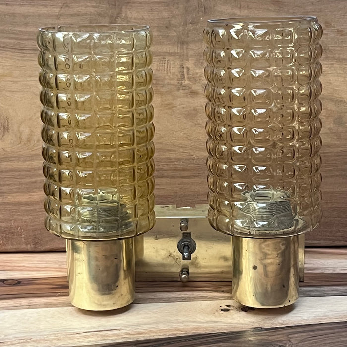 Salvaged Kokosha Double Brass Wall Light with Textured Amber Glass