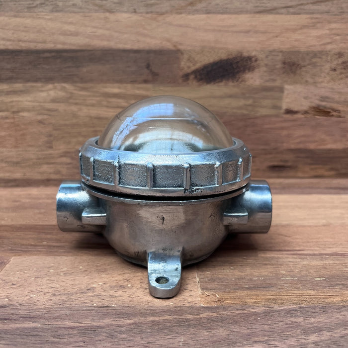 Salvaged aluminium ship's light with domed glass, ideal for walls and ceilings