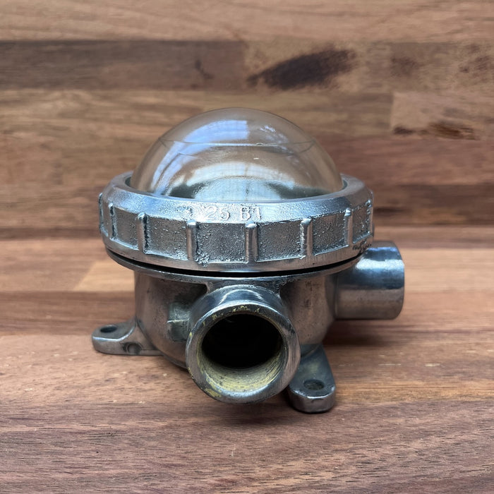 Salvaged mini marine bulkhead light in polished aluminium with clear glass dome