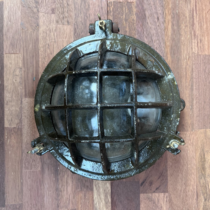 Salvaged iron round bulkhead light, wall or ceiling mount, ship salvage