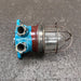 Salvaged blue and red iron marine security light with glass dome and steel cage, front view