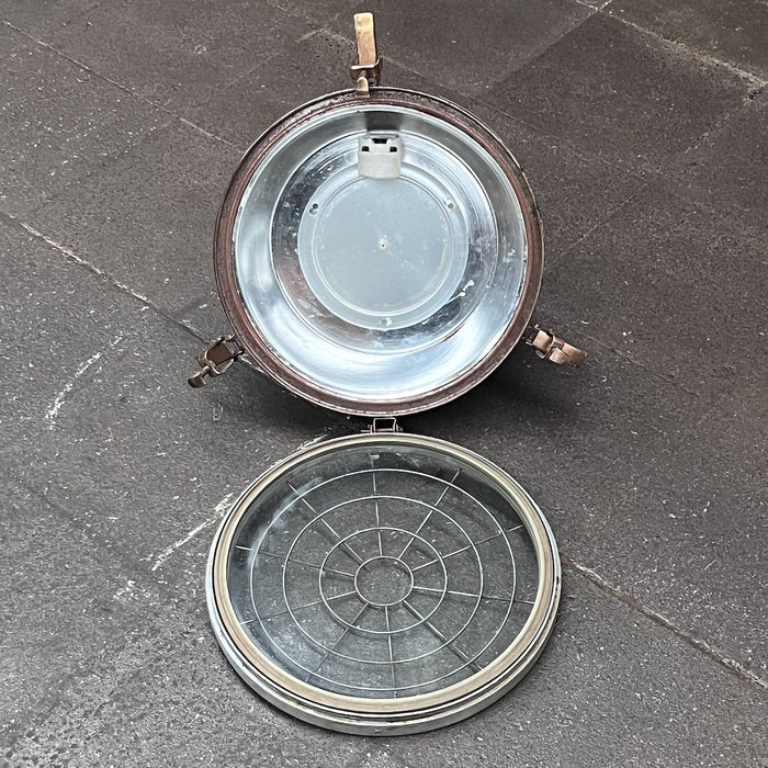 VEB industrial ceiling light with hinged glass front opened to show polished reflector and lamp holder