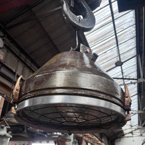 Salvaged VEB Industrial Steel Ceiling Light – Vintage German Cargo Pendant