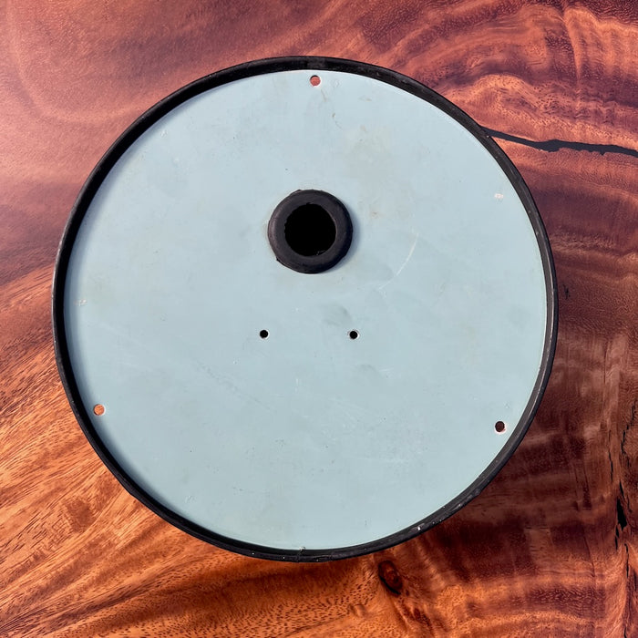 Back of Kappa salvaged ship's clock with sea green painted case, cable grommet and mounting holes
