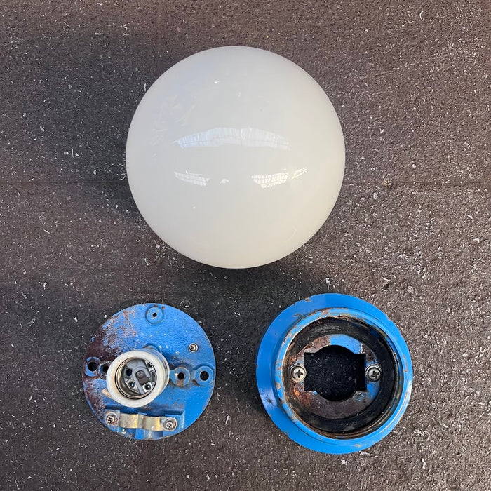 Salvaged Milky Glass Globe Ceiling Light – Blue Iron Base, Osaka 1976