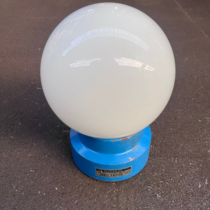 Salvaged Milky Glass Globe Ceiling Light – Blue Iron Base, Osaka 1976