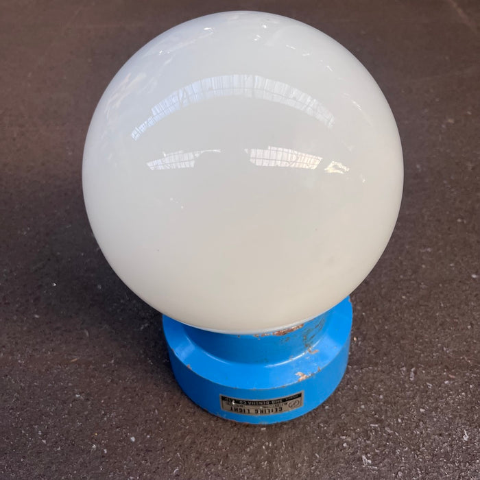 Salvaged Milky Glass Globe Ceiling Light – Blue Iron Base, Osaka 1976