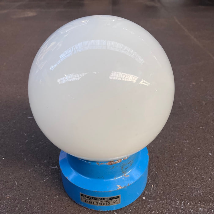 Salvaged Milky Glass Globe Ceiling Light – Blue Iron Base, Osaka 1976