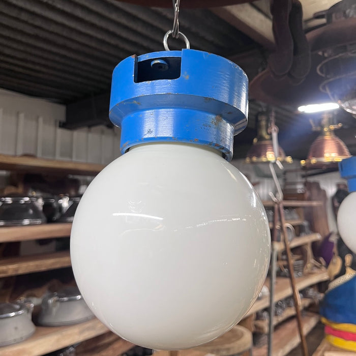 Salvaged Milky Glass Globe Ceiling Light – Blue Iron Base, Osaka 1976