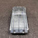 Aluminium marine bulkhead light, side profile showing curved guard over ribbed glass
