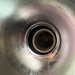 Salvaged spun steel pendant light, close-up of glass front clamp and wing nut fitting