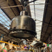 Salvaged spun steel pendant light, detail of polished lacquered shade and clamp fittings
