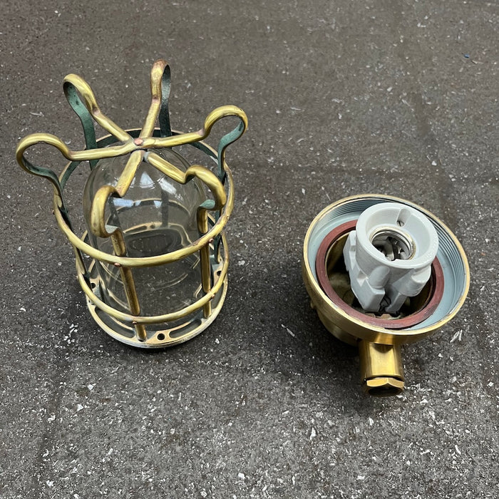 Salvaged Palazzoli brass passageway light, side view with two cable entries