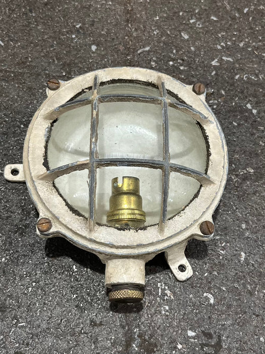 Salvaged Aluminium Marine Bulkhead Light - Cream Cage Wall or Ceiling Light