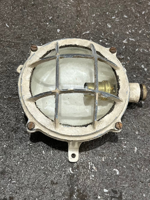 Salvaged Aluminium Marine Bulkhead Light - Cream Cage Wall or Ceiling Light