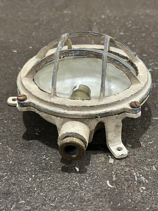 Salvaged Aluminium Marine Bulkhead Light - Cream Cage Wall or Ceiling Light