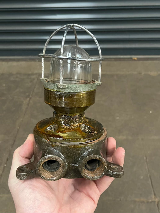Salvaged Cast Iron Marine Running Light with Wire Cage