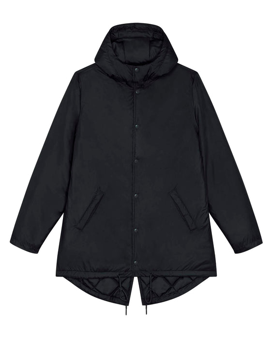 Stanley/Stella SX204 unisex padded parka jacket in Black, hooded front on model