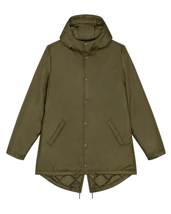 Stanley/Stella SX204 unisex padded parka jacket in British Khaki, hooded front on model