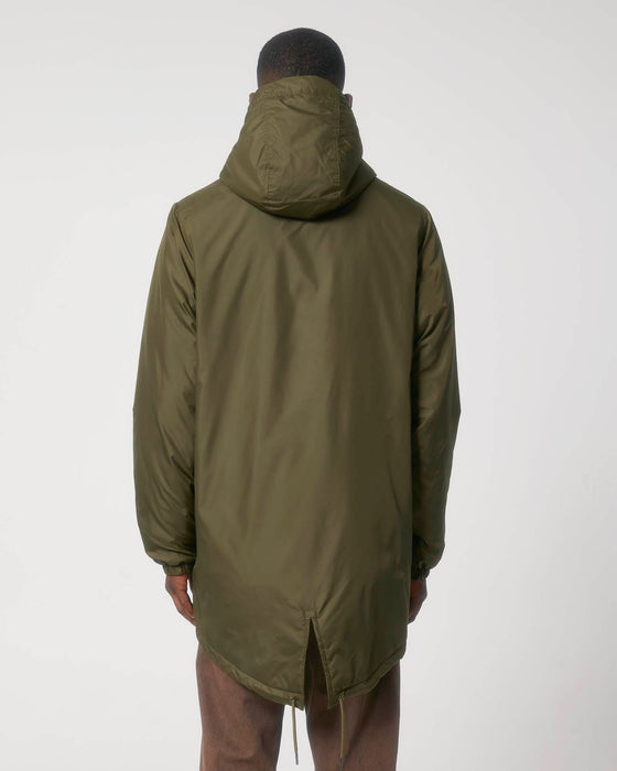 Stanley/Stella SX204 unisex padded parka jacket in British Khaki worn by model, back view