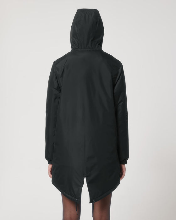 Stanley/Stella SX204 unisex padded parka jacket in Black, back detail on model