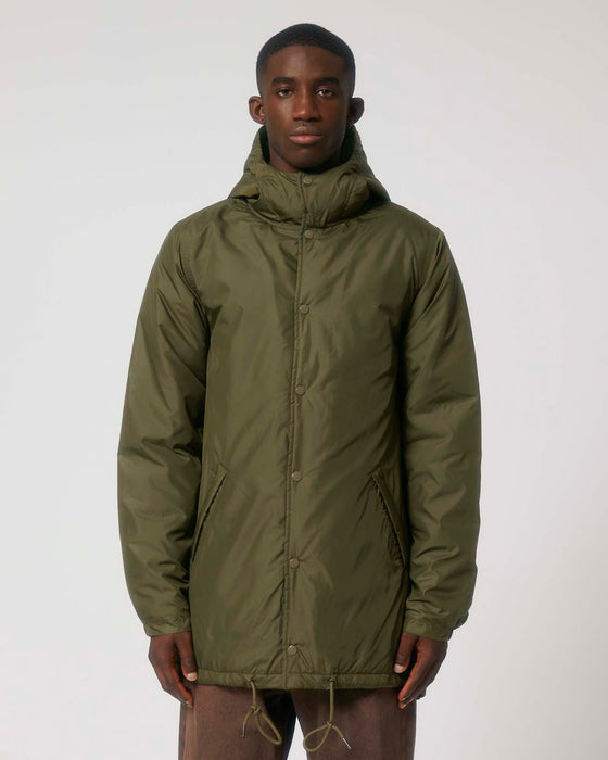 Stanley/Stella SX204 unisex padded parka jacket in British Khaki, styled on model